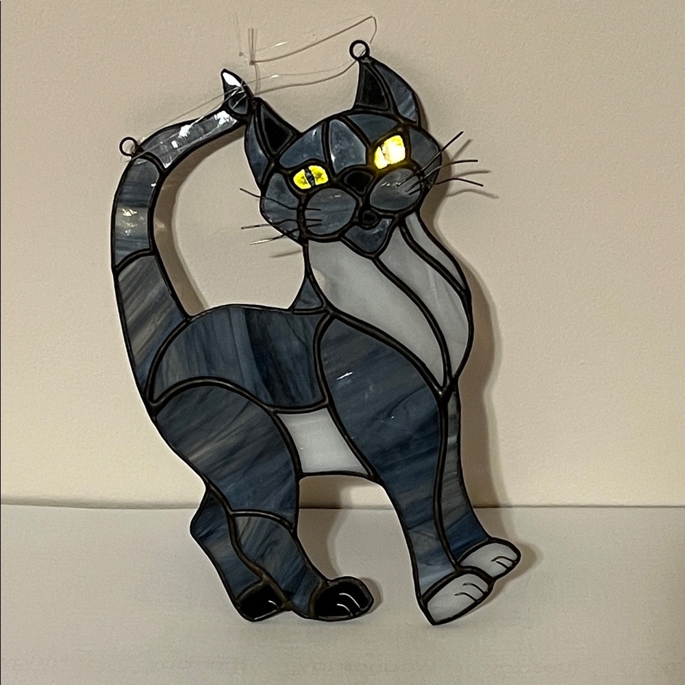 Stained Glass Cat Suncatcher - Blue, Black and Gray